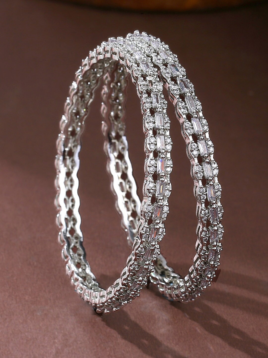

Estele Set Of 2 Rhodium-Plated AD-Studded Bangles, Silver