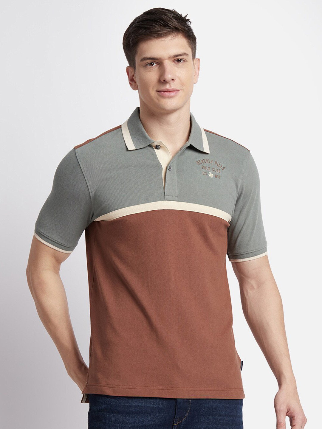 

Beverly Hills Polo Club Colourblocked Polo Collar Regular Fit Cotton T-Shirt, Brown