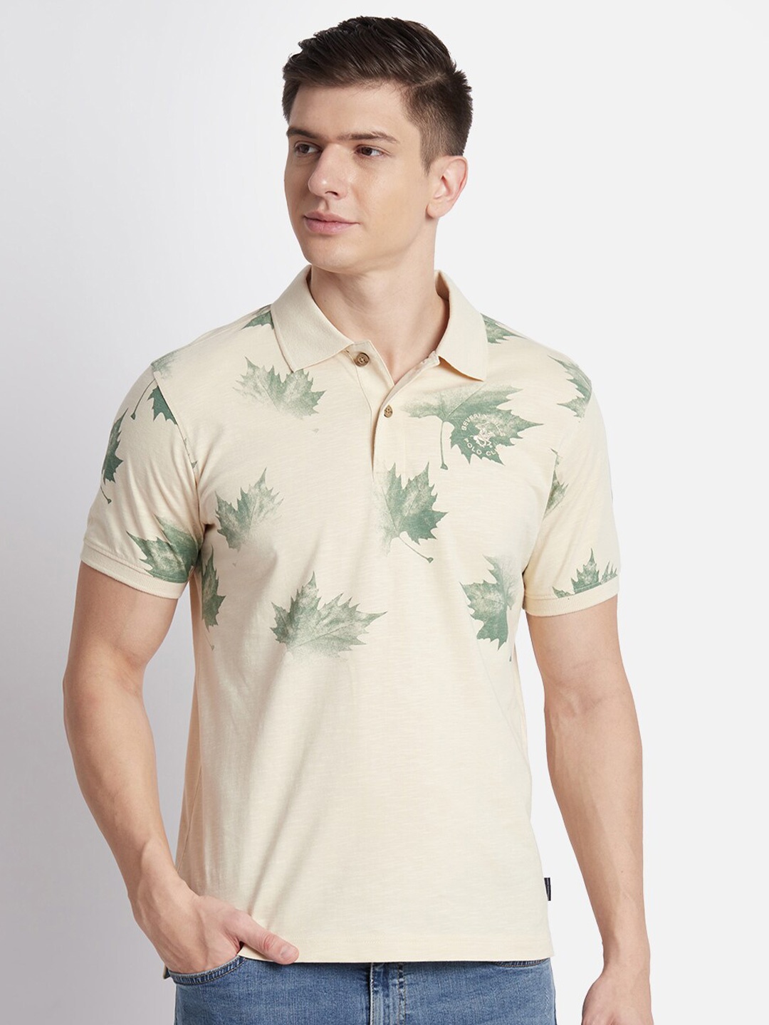 

Beverly Hills Polo Club Floral Printed Polo Collar Pure Cotton T-shirt, Beige