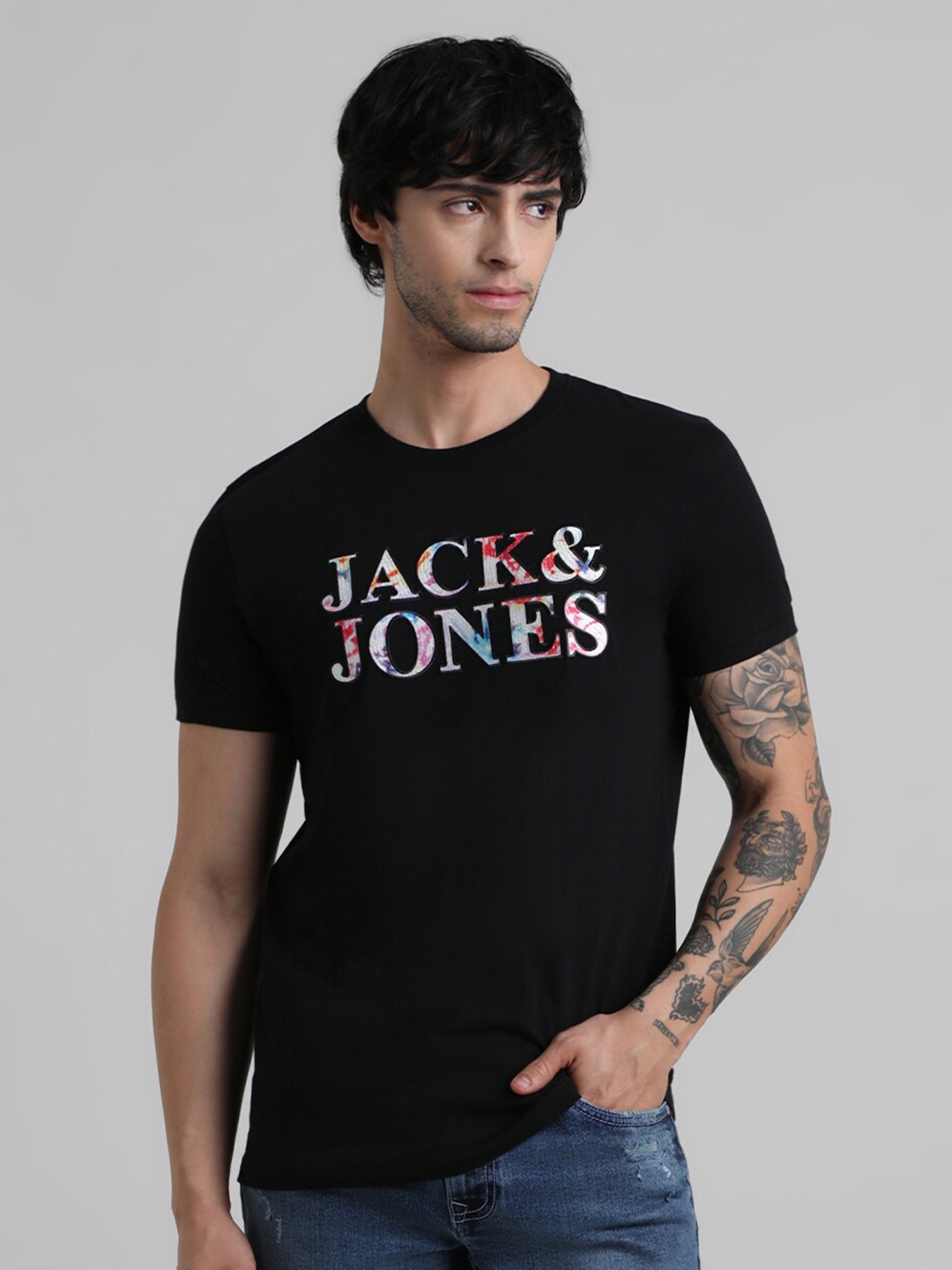 

Jack & Jones Brand Logo Printed Cotton T-Shirt, Black