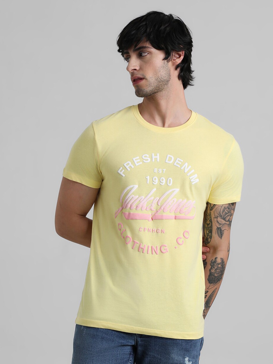 

Jack & Jones Typography Printed Crew Neck Slim Fit Pure Cotton T-shirt, Yellow