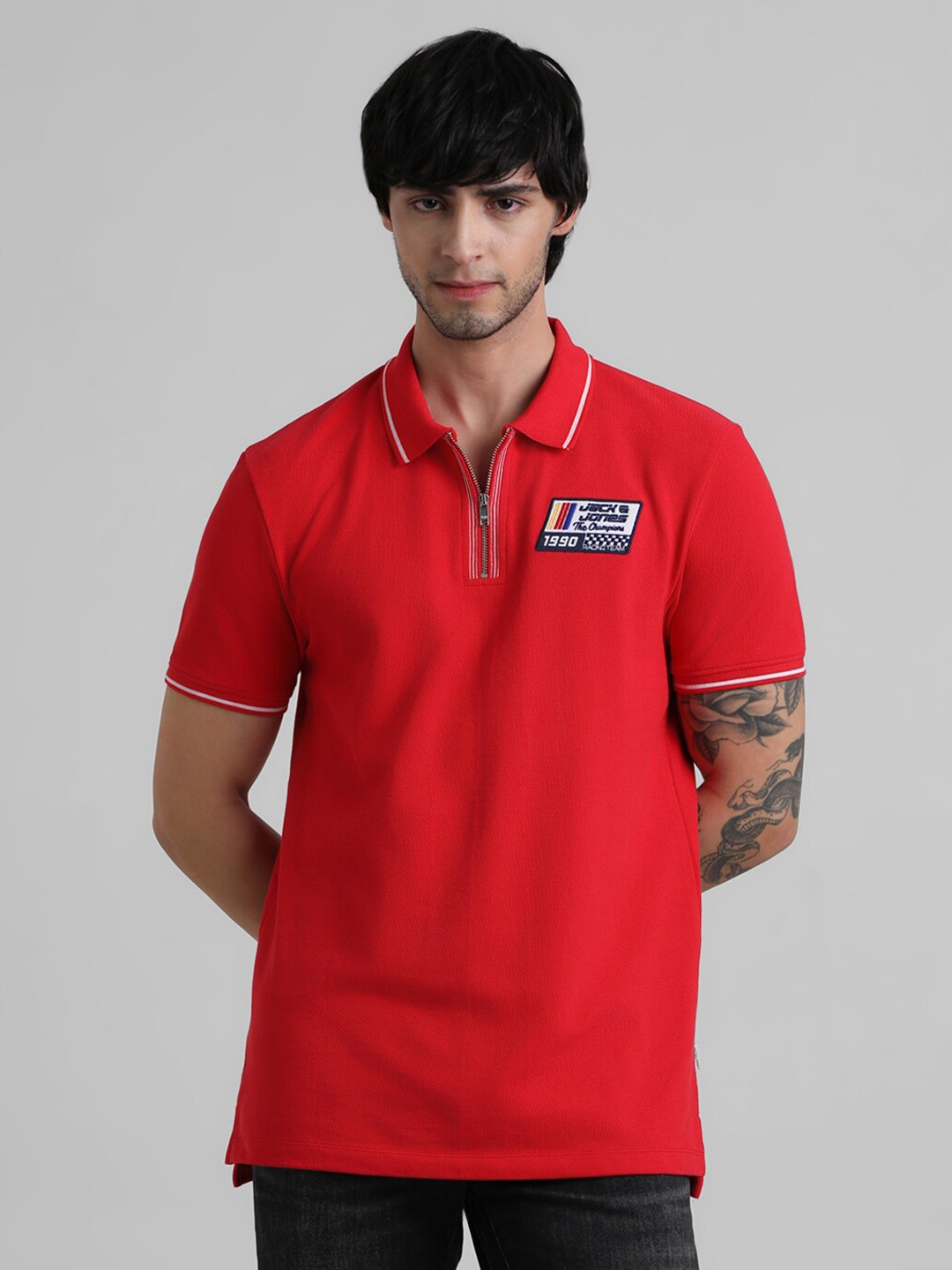 

Jack & Jones Slim Fit Polo Collar Applique Pure Cotton Casual T-shirt, Red