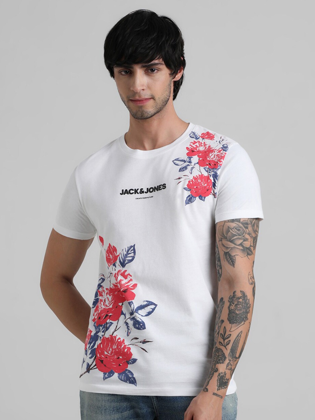 

Jack & Jones Floral Printed Slim Fit Pure Cotton Casual T-shirt, White