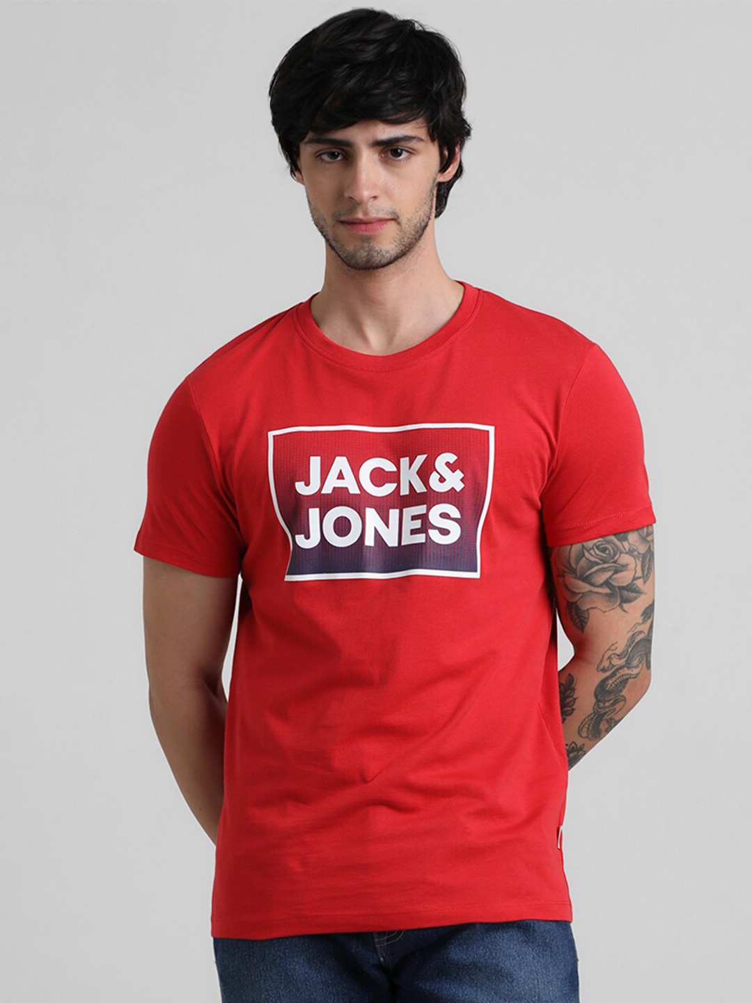

Jack & Jones Typography Printed Slim Fit Cotton T-shirt, Red