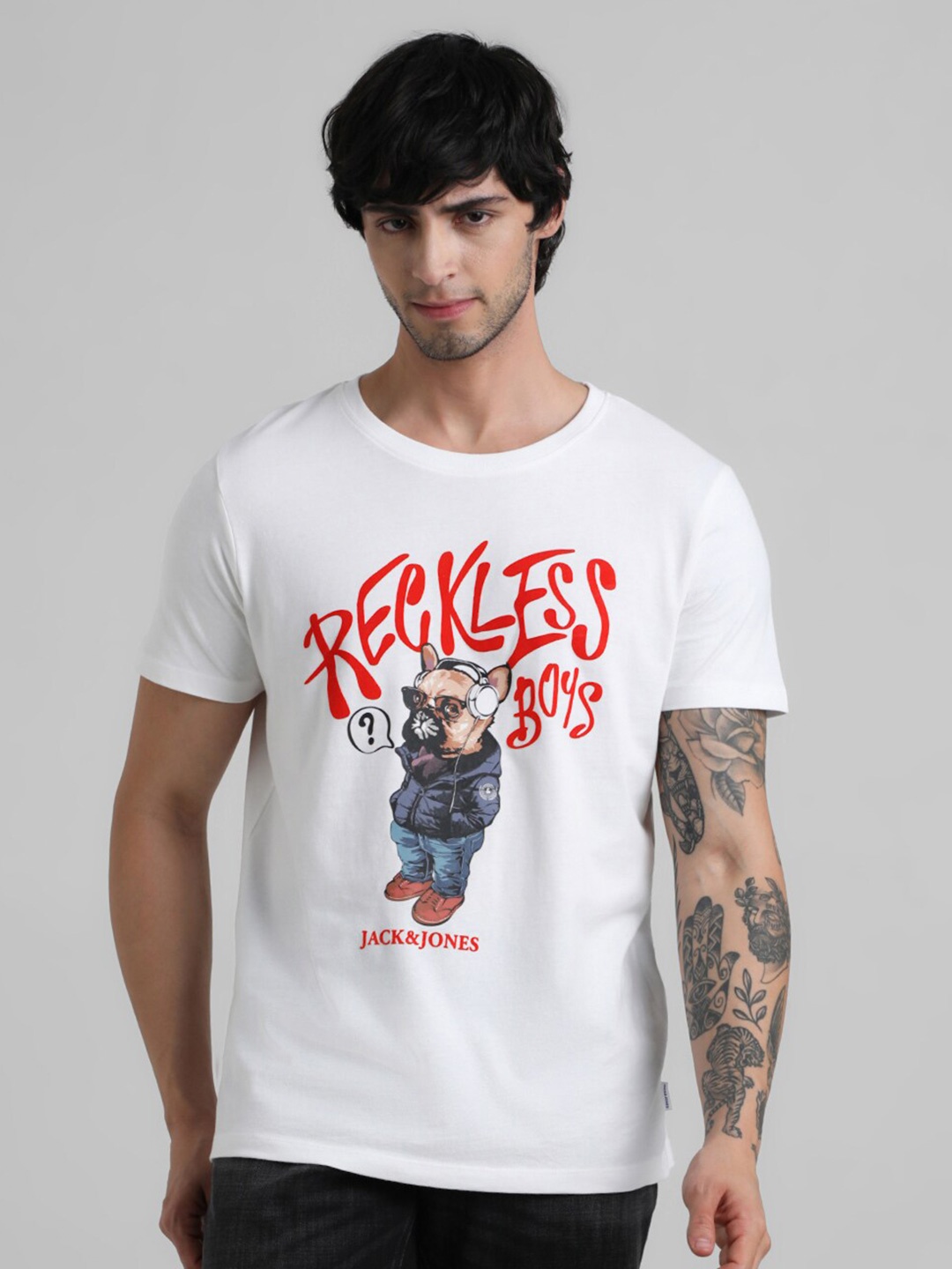 

Jack & Jones Graphic Printed Round Neck Slim Fit Cotton T-Shirt, White