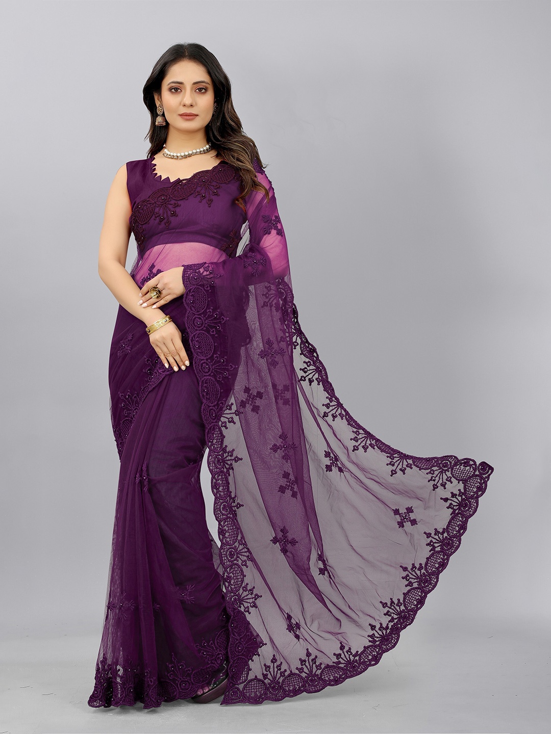 

BARKIYA CREATION Ethnic Motifs Embroidered Net Saree, Purple