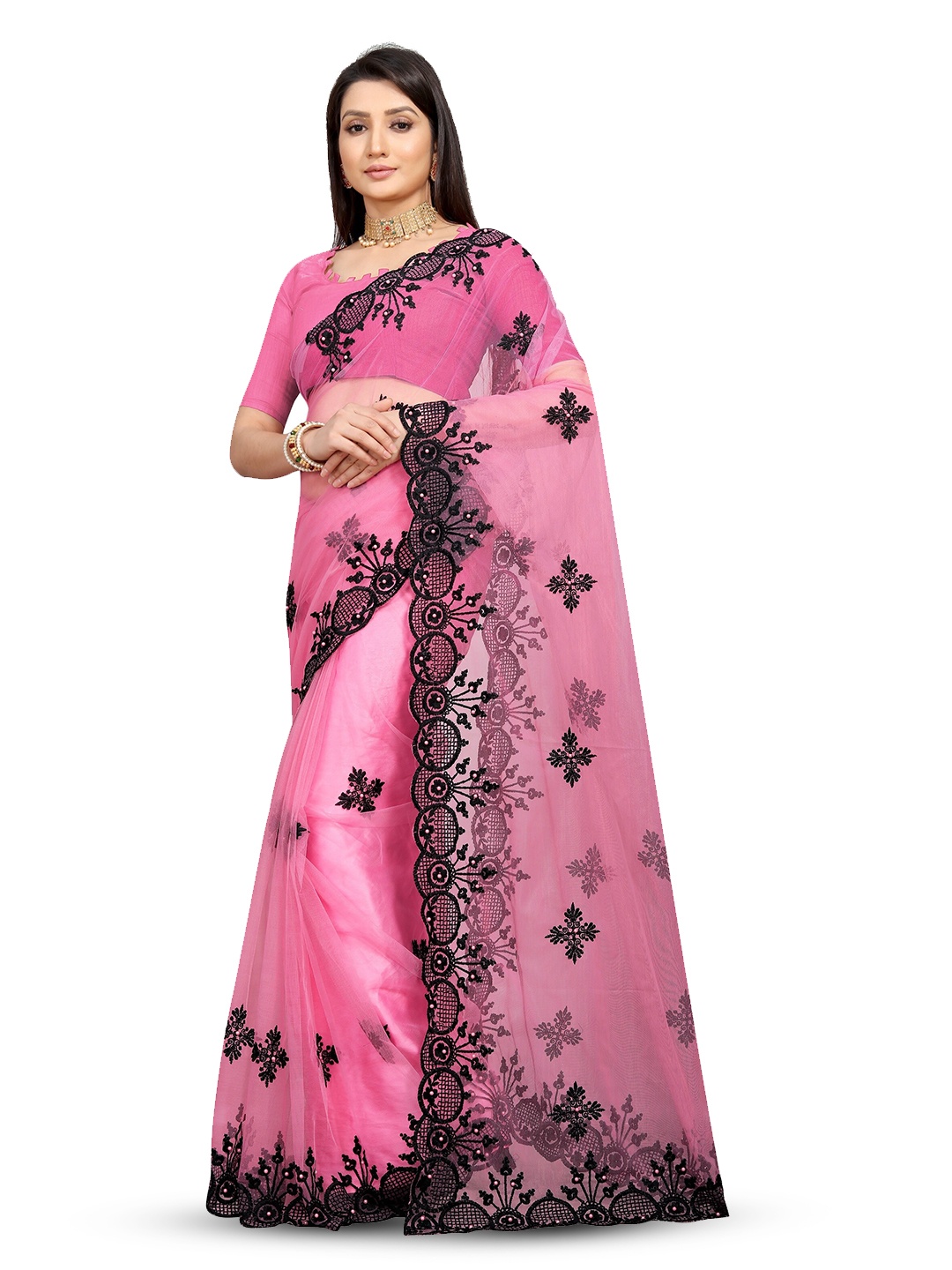 

BARKIYA CREATION Ethnic Motifs Embroidered Net Saree, Peach