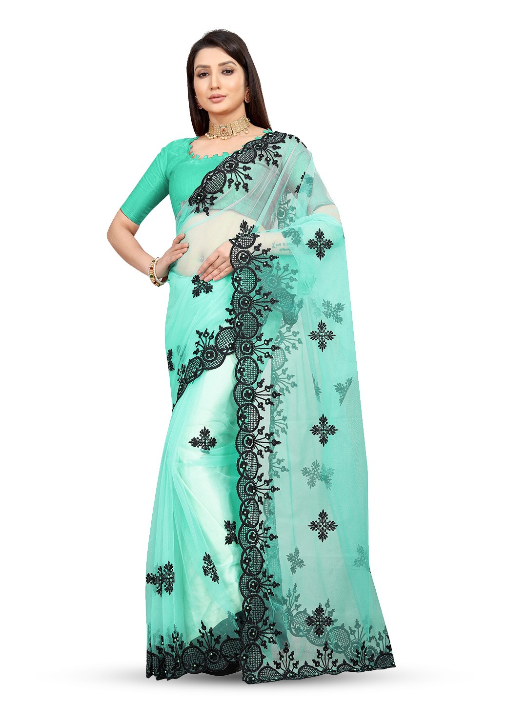 

BARKIYA CREATION Ethnic Motifs Embroidered Net Saree, Turquoise blue