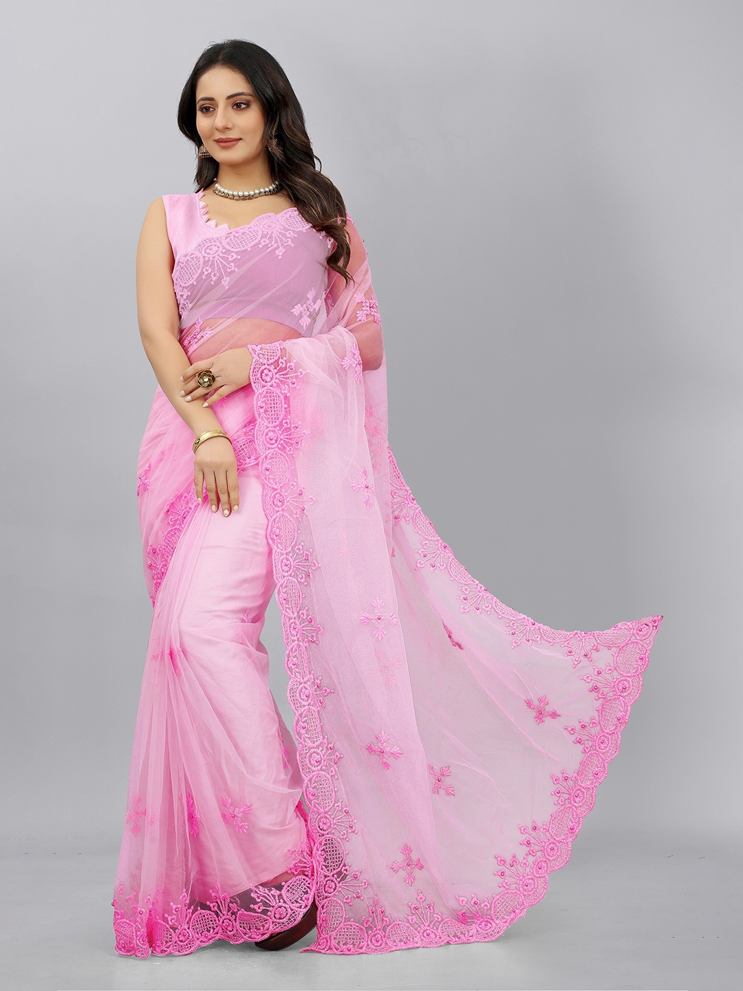 

BARKIYA CREATION Ethnic Motifs Embroidered Net Saree, Pink