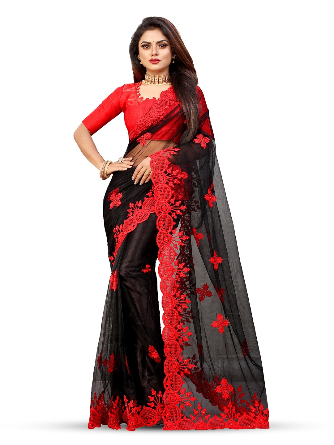 

BARKIYA CREATION Floral Embroidered Net Saree, Black