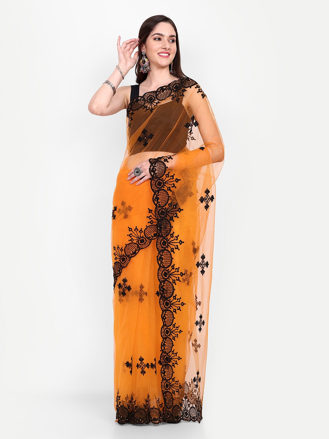 

BARKIYA CREATION Ethnic Motifs Embroidered Net Saree, Gold