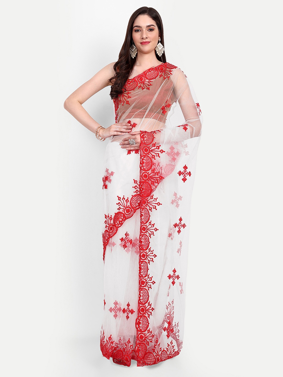

BARKIYA CREATION Ethnic Motifs Embroidered Net Saree, White