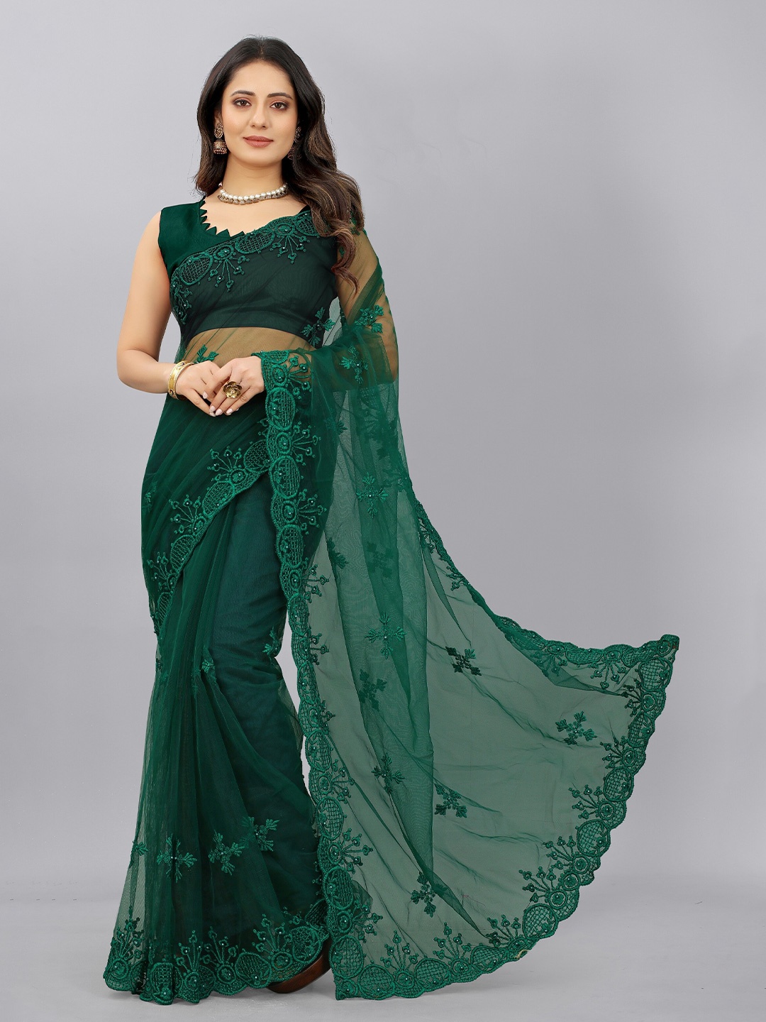 

BARKIYA CREATION Ethnic Motifs Embroidered Net Saree, Green