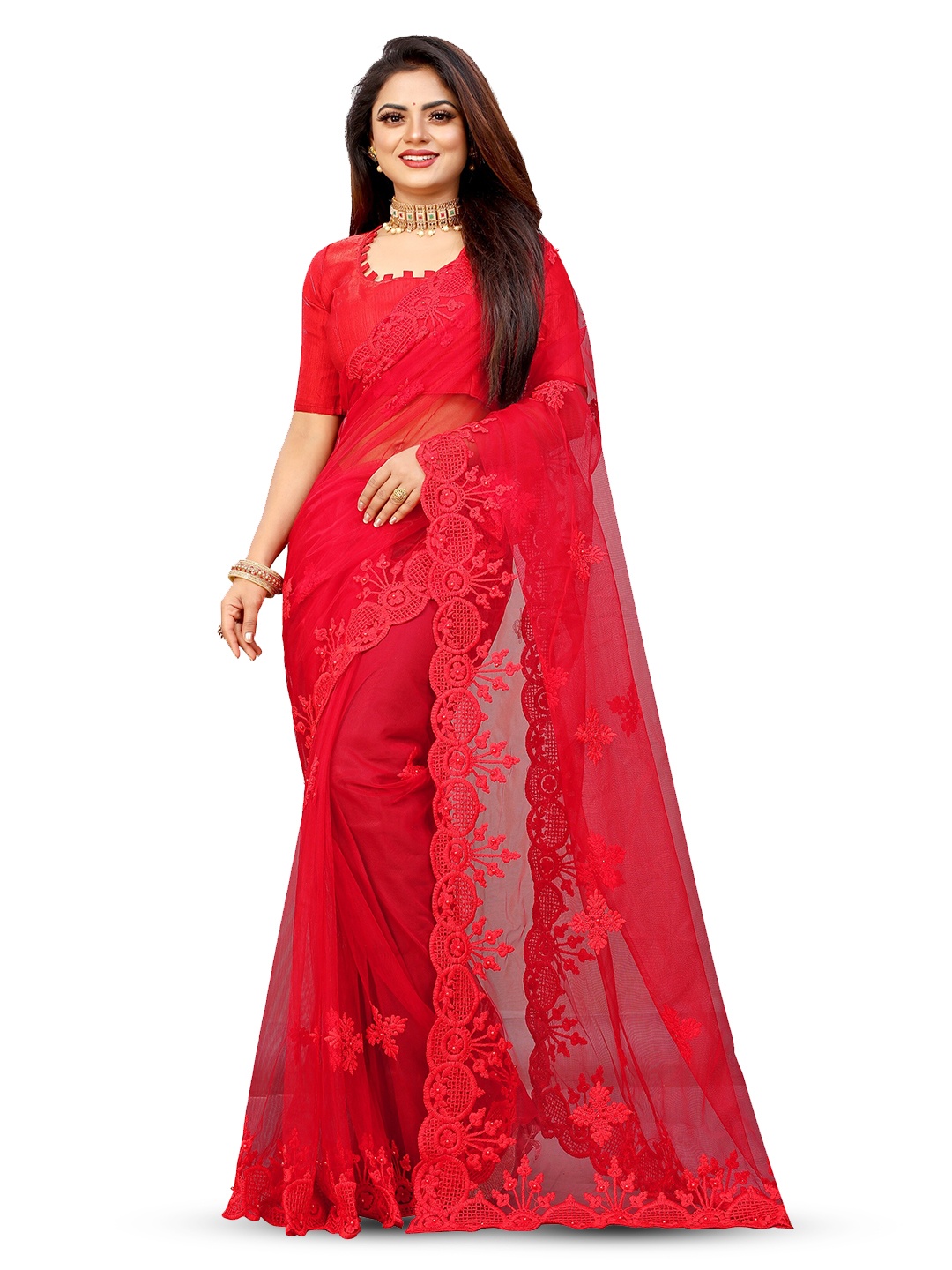 

BARKIYA CREATION Ethnic Motifs Embroidered Net Saree, Red