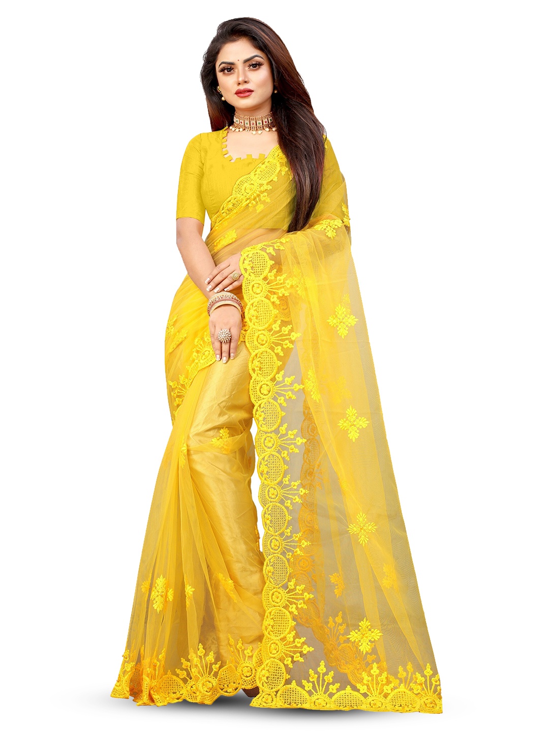 

BARKIYA CREATION Ethnic Motifs Embroidered Net Saree, Yellow