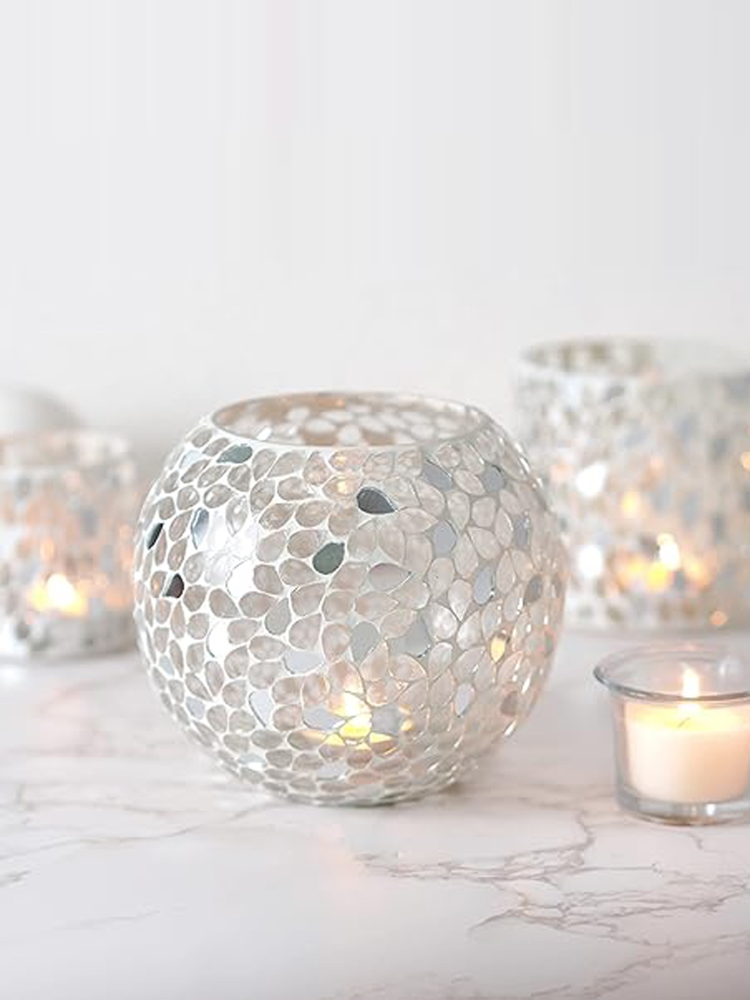 

HOSLEY Grey Textured Mosaic Glass Votive Tealight Candle Holder With 6 Pcs Free Tea Lights