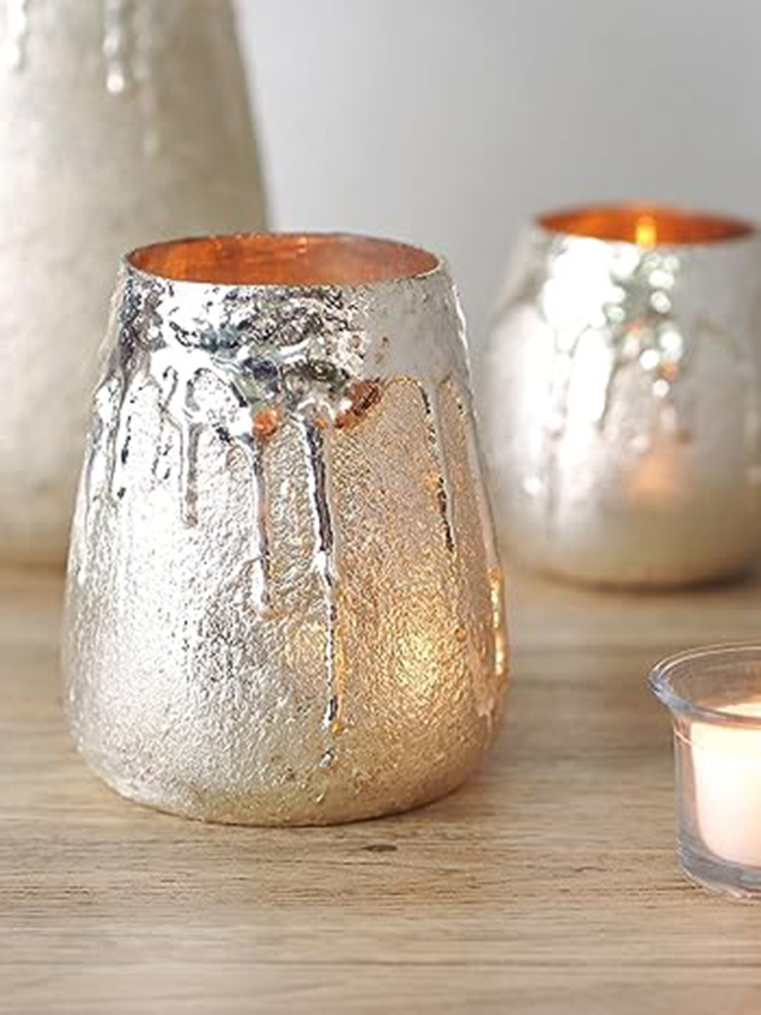

HOSLEY Grey 2 Pieces Mercury Glass Votive Tealight Candle Holder With 6 Pc Free Tea Lights