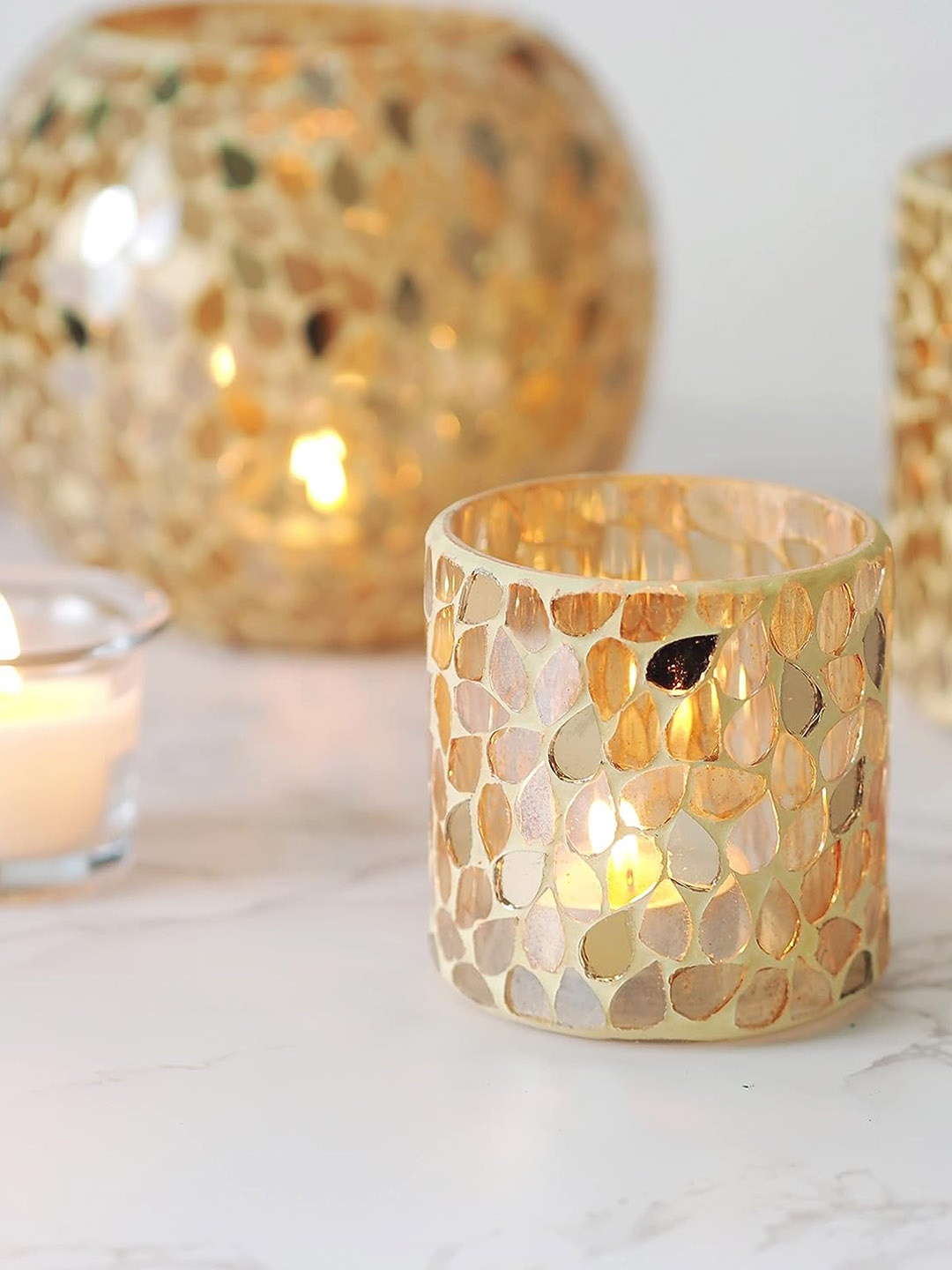 

HOSLEY Beige 3 Pcs Mosaic Glass Votive Tealight Candle Holder with 6 Pieces Free Tealights, Gold