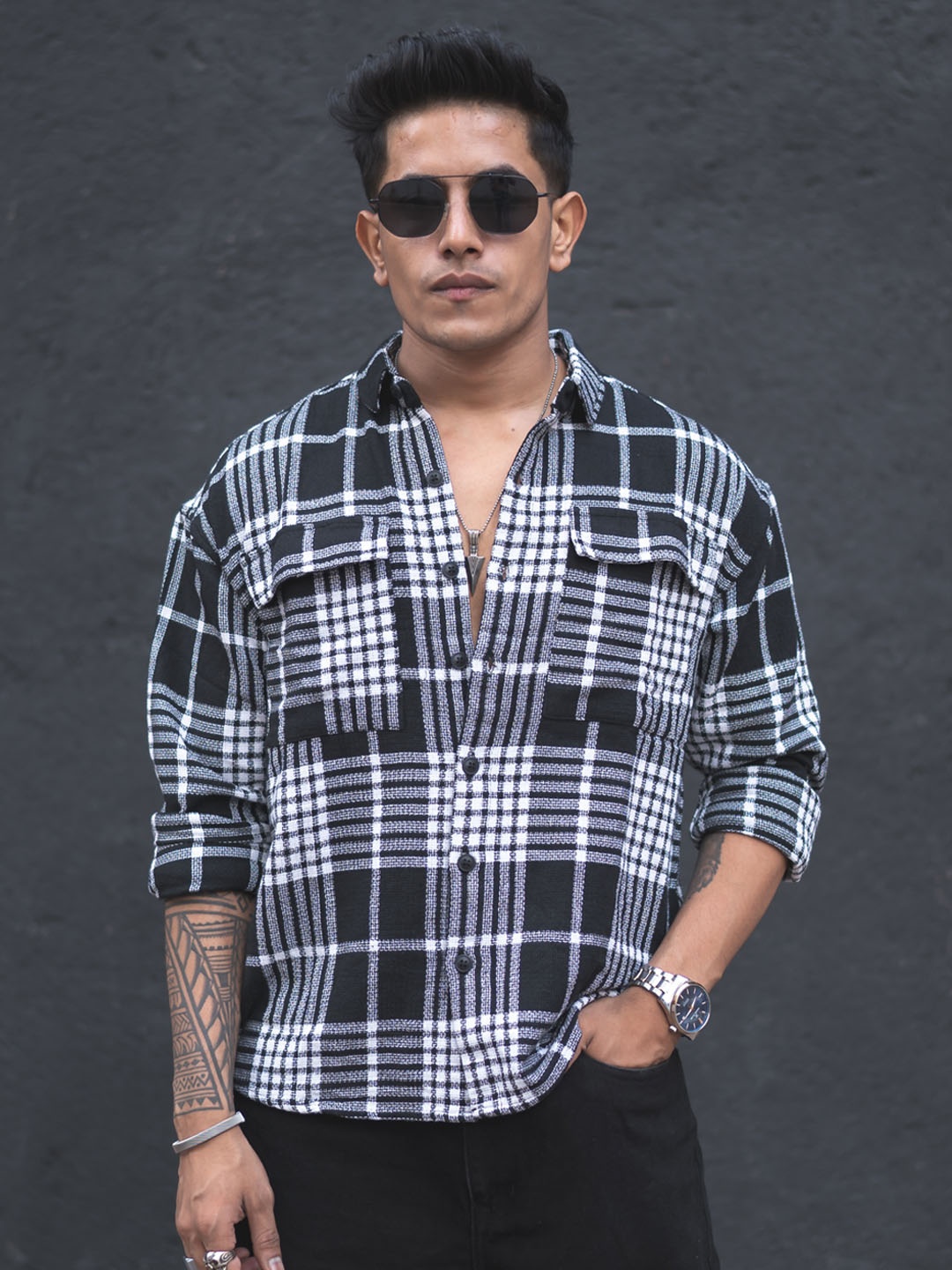 Powerlook Checked India Slim Drop-Shoulder Oversized Pure Cotton Shirt, Black