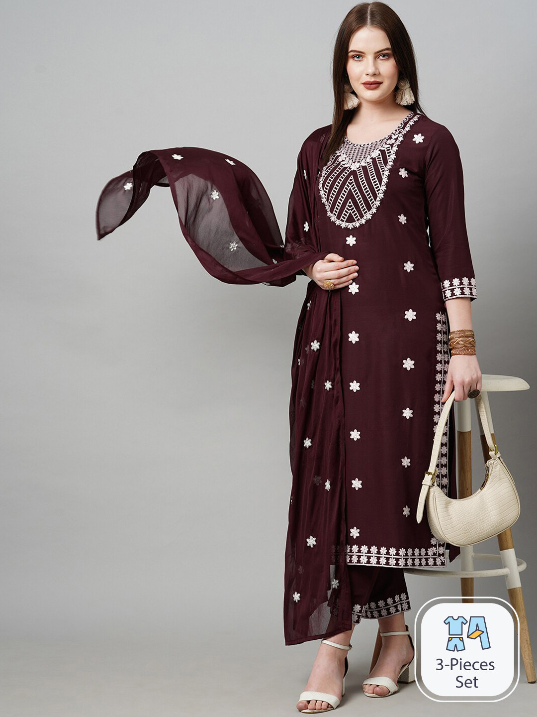 

KALINI Floral Embroidered Straight Thread Work Kurta & Trousers With Dupatta, Brown
