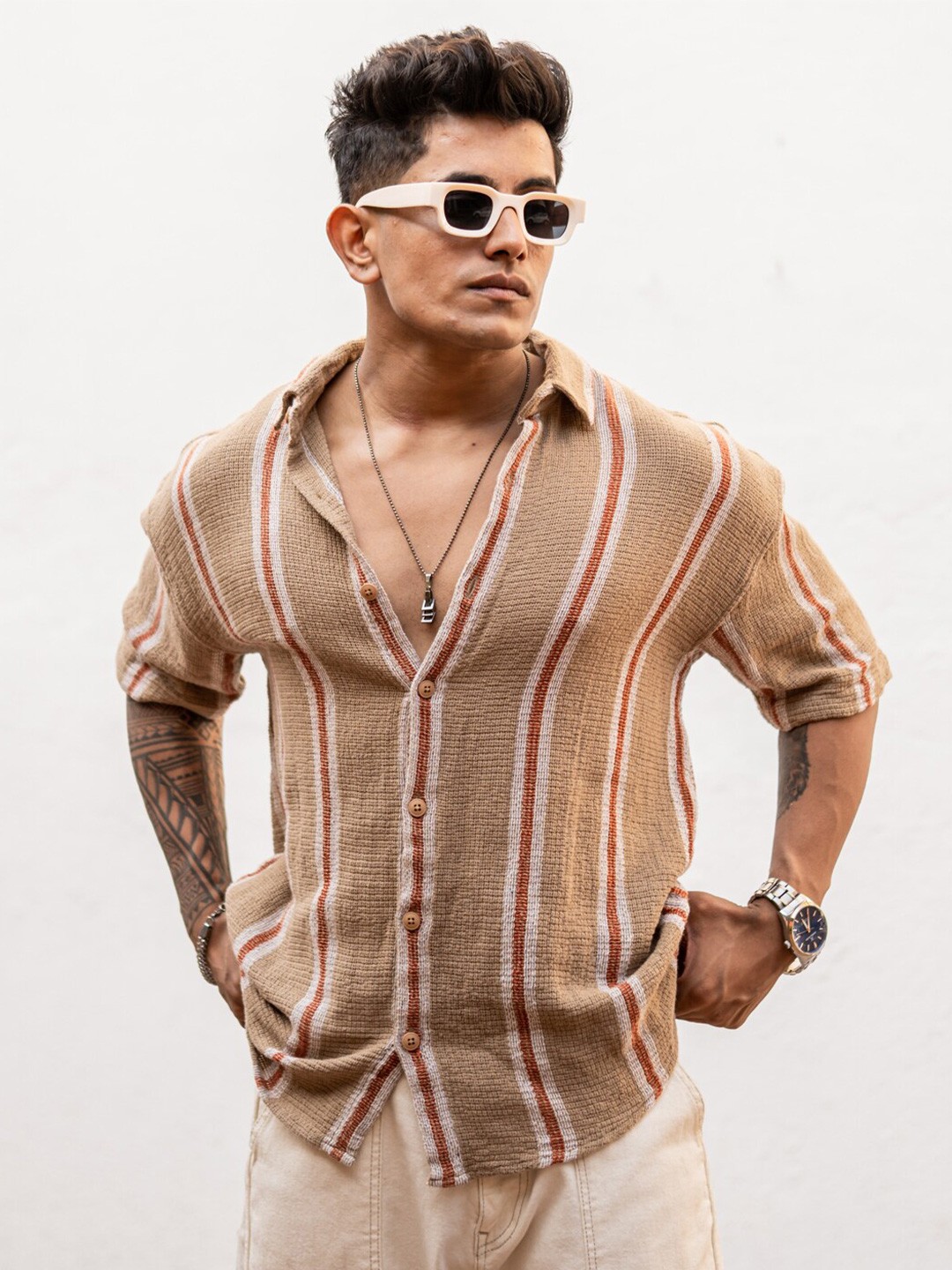 

Powerlook India Slim Striped Casual Shirt, Beige