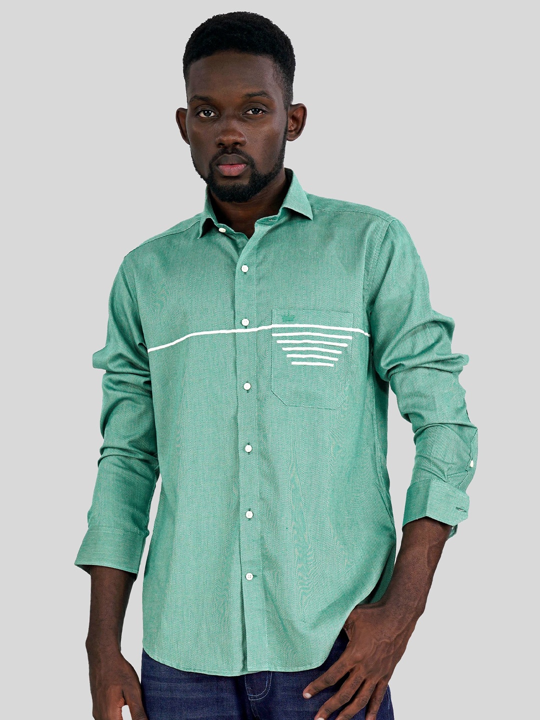 

FRENCH CROWN Standard Self Design Twill Weave Pure Cotton Casual Shirt, Green