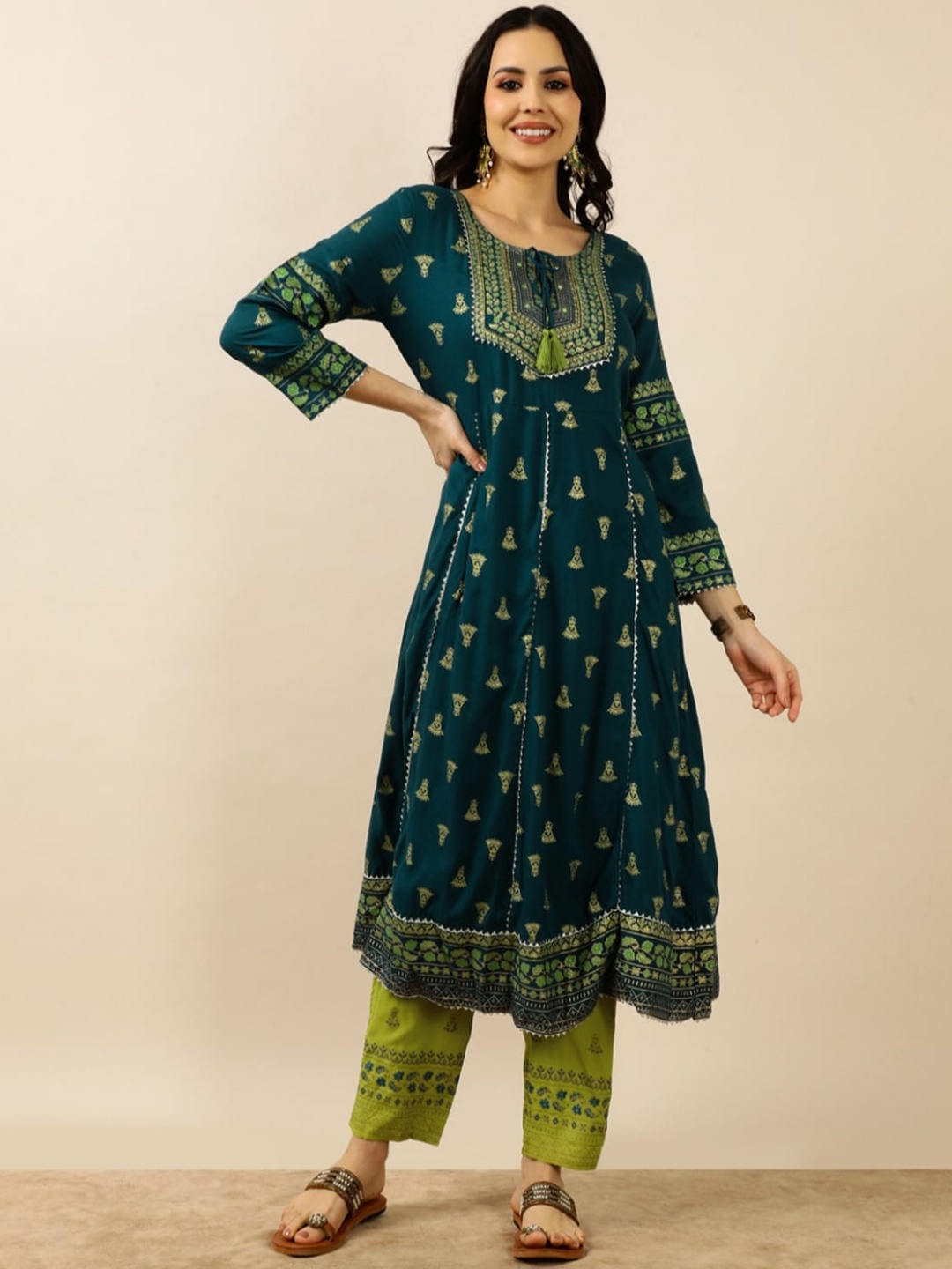

INDOKASH Ethnic Motifs Printed Gotta Patti A-Line Kurta with Trousers & Dupatta, Teal
