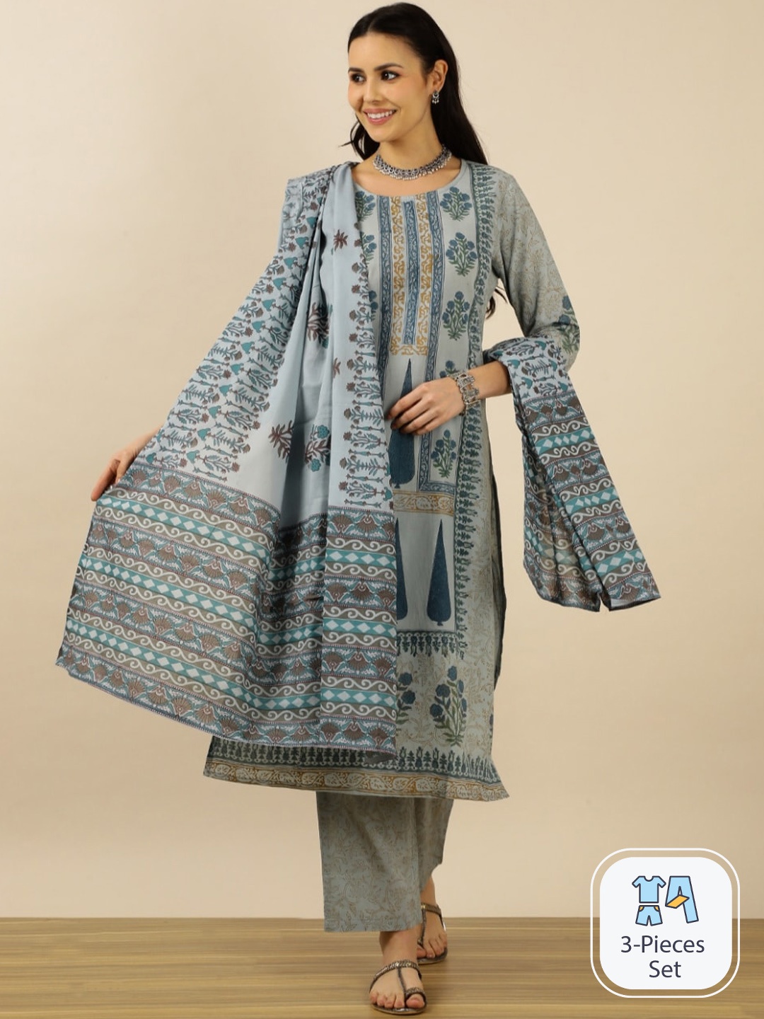 

INDOKASH Ethnic Motifs Printed Pure Cotton Regular Kurta with Trousers & With Dupatta, Grey