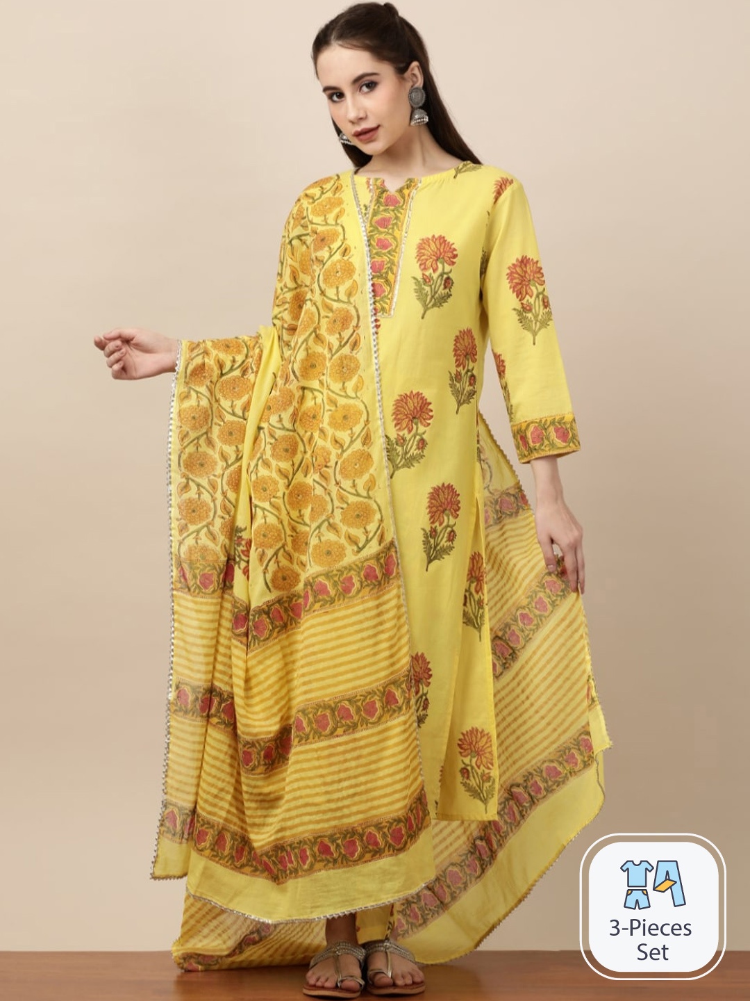 

INDOKASH Floral Printed Regular Gotta Patti Pure Cotton Kurta with Trousers & With Dupatta, Yellow