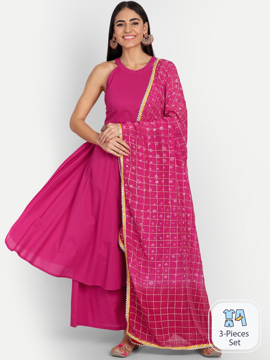 

INDOKASH Round Neck Gotta Patti Pure Cotton Anarkali Kurta With Trousers & Dupatta, Pink