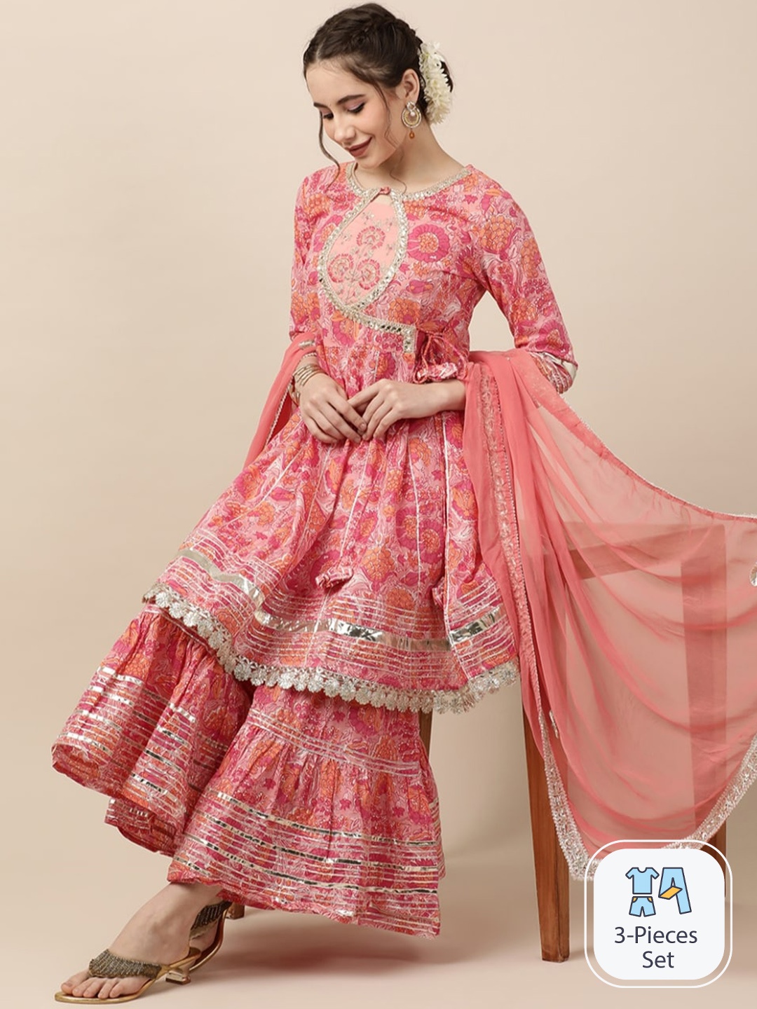 

INDOKASH Floral Printed Thread Work Pure Cotton Anarkali Kurta & Sharara With Dupatta, Pink