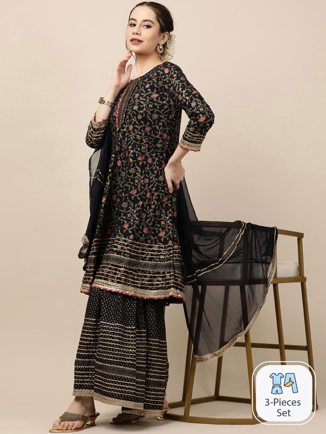 

INDOKASH Floral Printed Gotta Patti Pure Cotton A-Line Kurta with Sharara With Dupatta, Navy blue