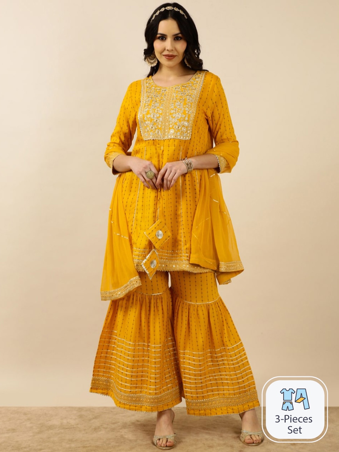 

INDOKASH Ethnic Motifs Printed Thread Work Anarkali Kurta with Sharara & Dupatta, Mustard