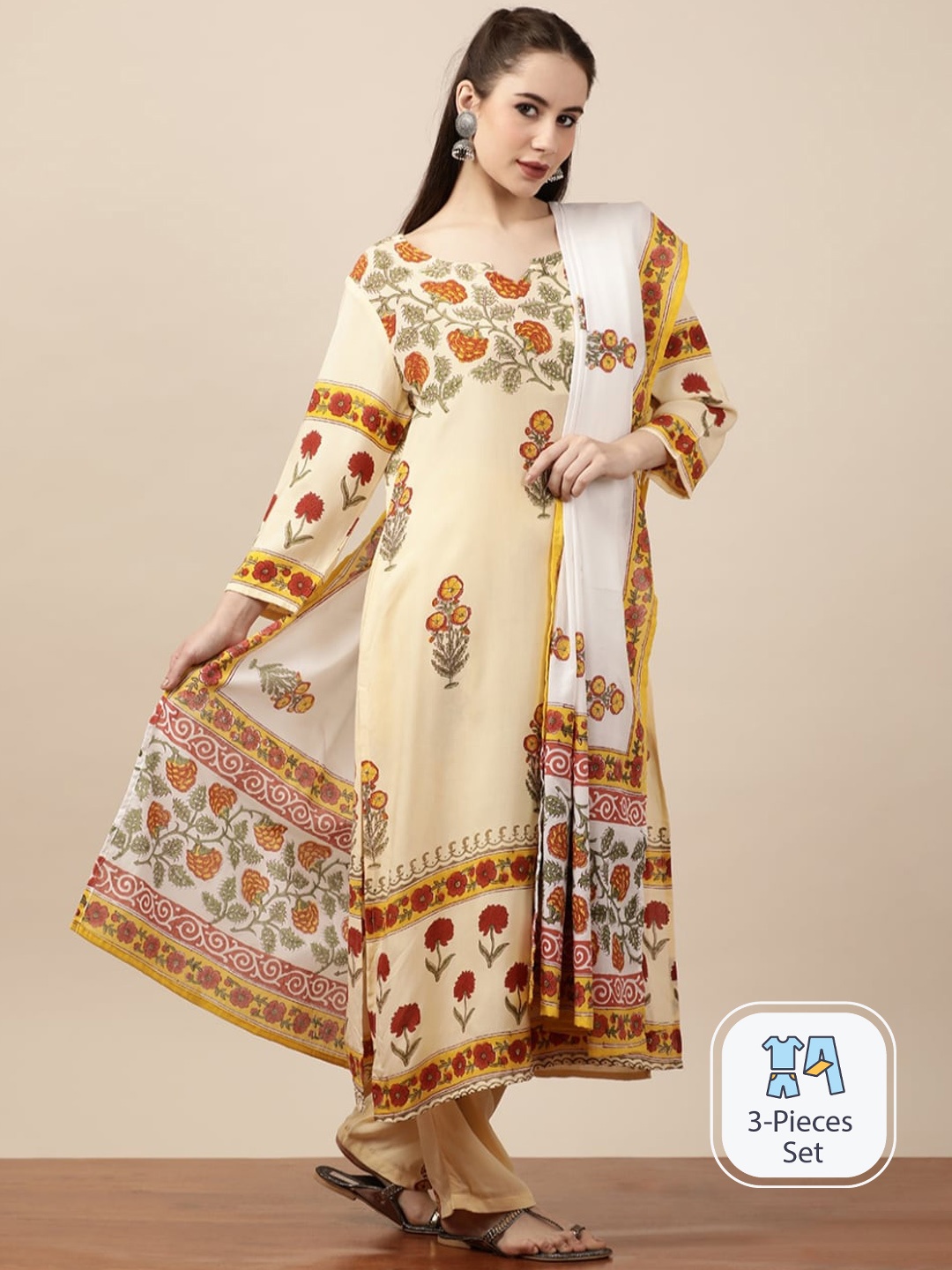 

INDOKASH Floral Printed Pure Cotton Kurta & Trousers With Dupatta, Beige