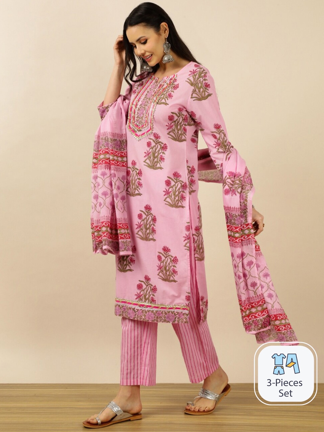 

INDOKASH Floral Printed Gotta Patti Pure Cotton Kurta With Trousers & Dupatta, Pink
