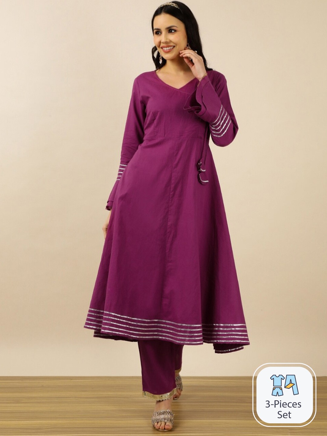 

INDOKASH Angrakha Pure Cotton Gotta Patti Kurta with Trousers & Dupatta, Pink