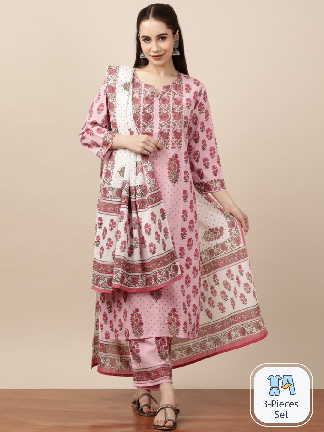 

INDOKASH Floral Printed Regular Pure Cotton Kurta with Trousers & With Dupatta, Pink