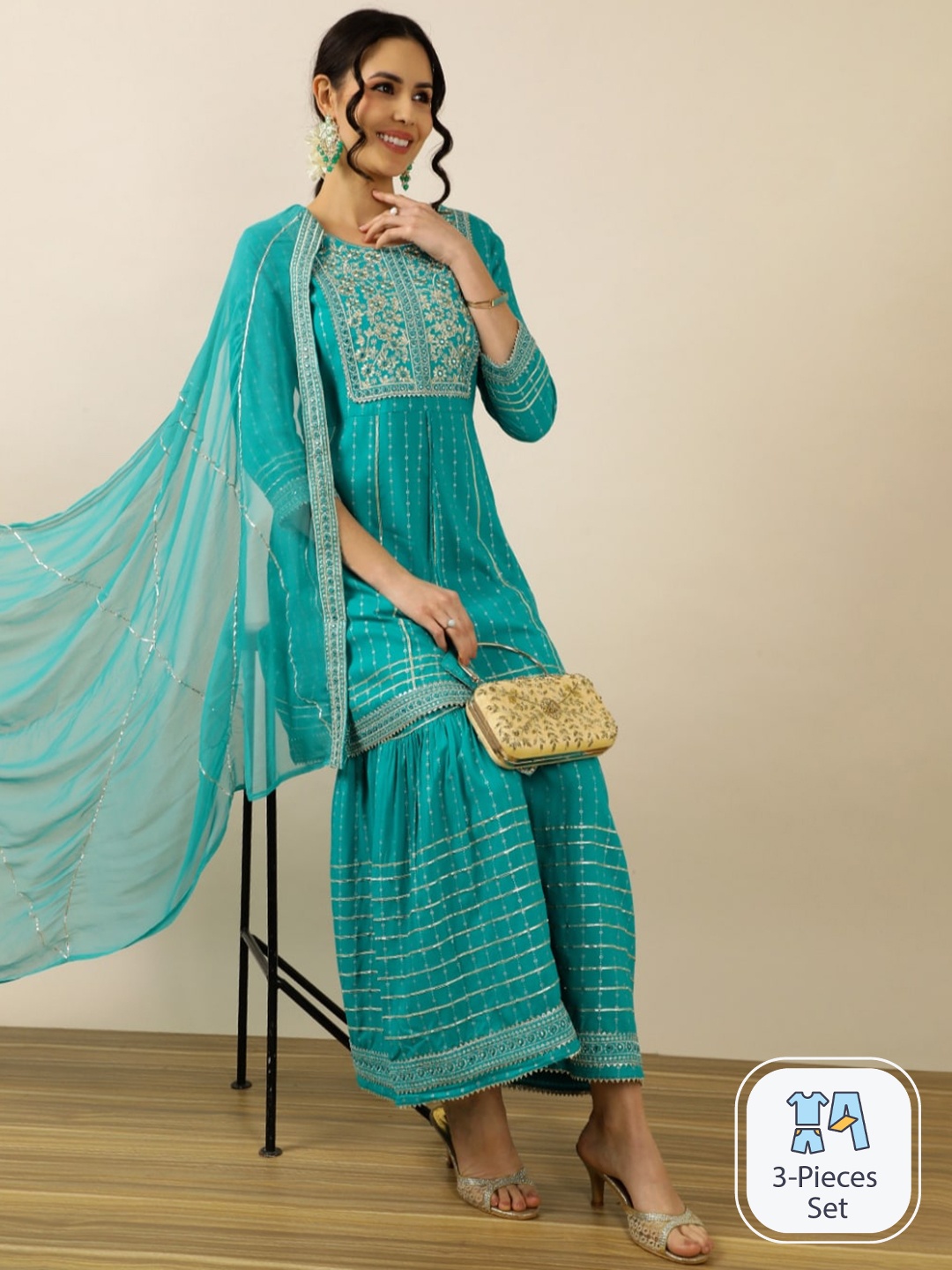 

INDOKASH Striped Thread Work Detail A-Line Kurta & Trousers With Dupatta, Turquoise blue