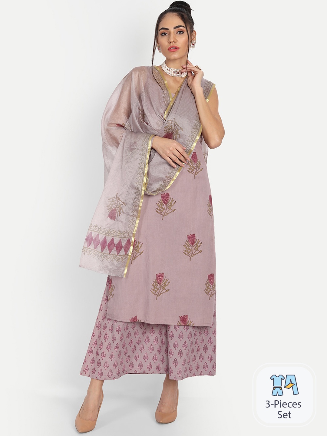 

INDOKASH Floral Printed Pure Cotton A-Line Kurta With Palazzos & Dupatta, Lavender