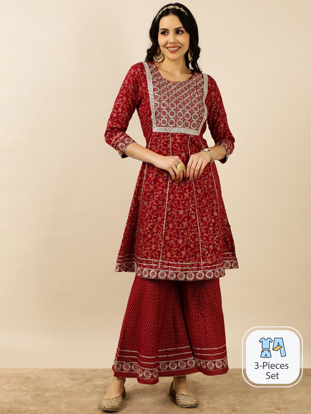 

INDOKASH Ethnic Motifs Embroidered A-Line Kurta with Sharara & Dupatta, Maroon