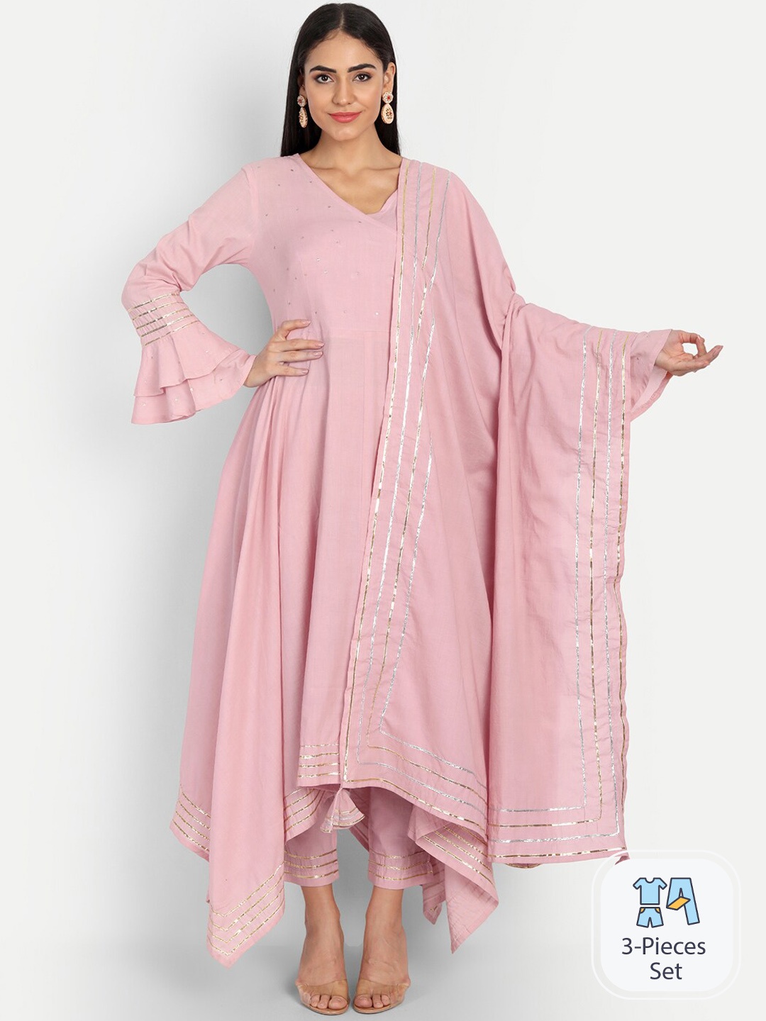 

INDOKASH Angrakha Gotta Patti Pure Cotton Kurta with Trousers & With Dupatta, Pink