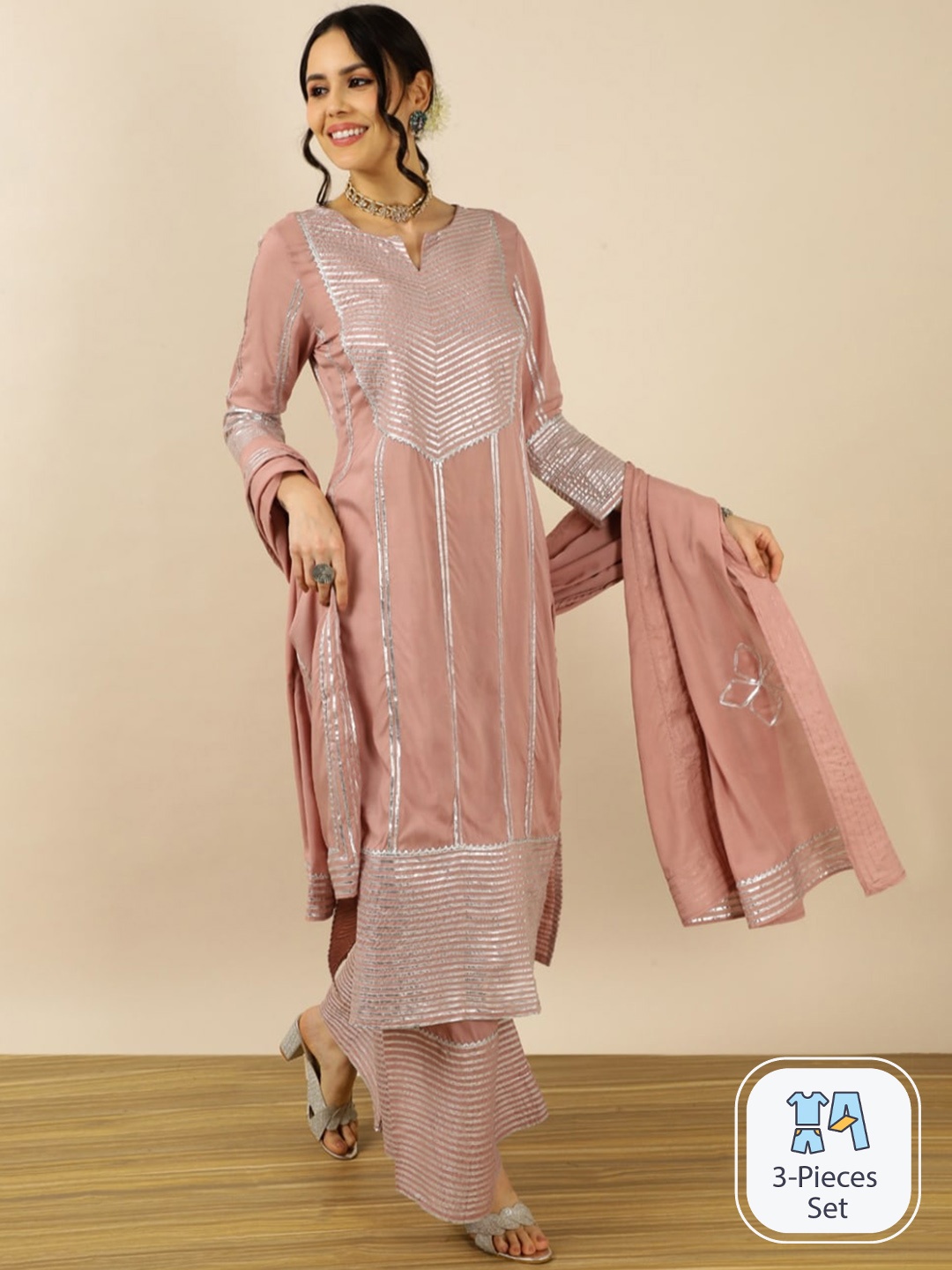 

INDOKASH Striped Gotta Patti Pure Cotton Kurta with Trousers & With Dupatta, Peach