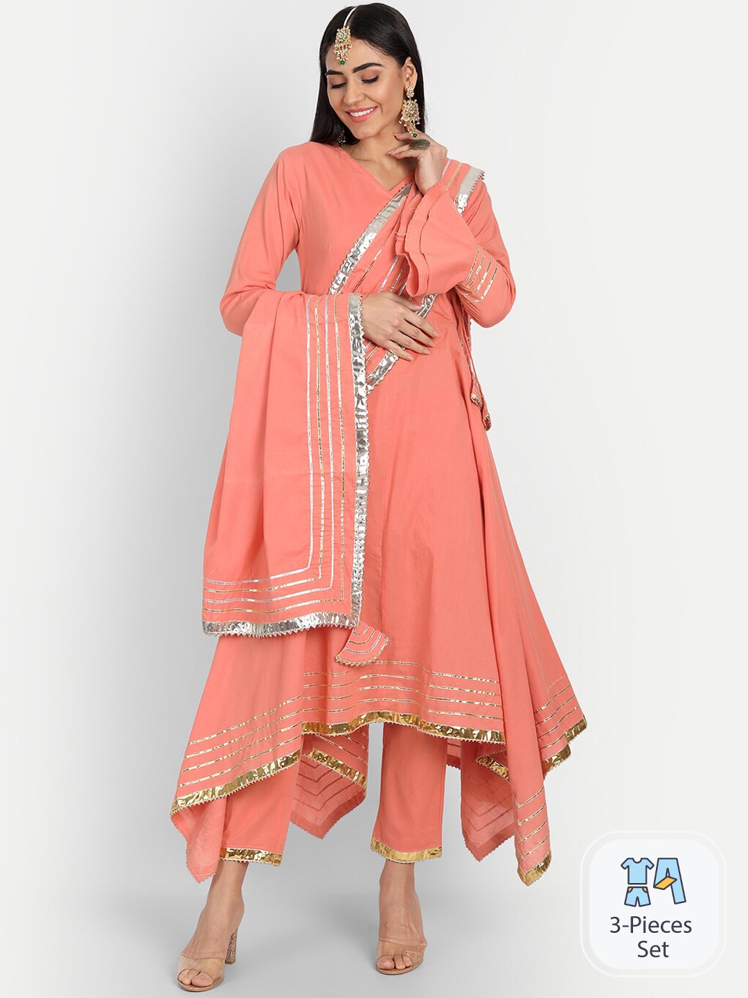 

INDOKASH Round Neck Pure Cotton Anarkali Kurta with Trousers & Dupatta, Orange