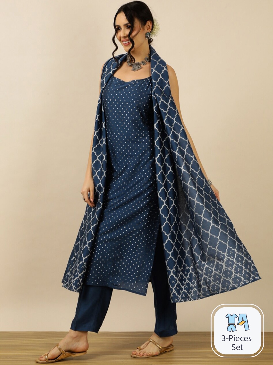 

INDOKASH Geometric Printed Shoulder Straps Regular Cotton Kurta With Trousers & Dupatta, Navy blue