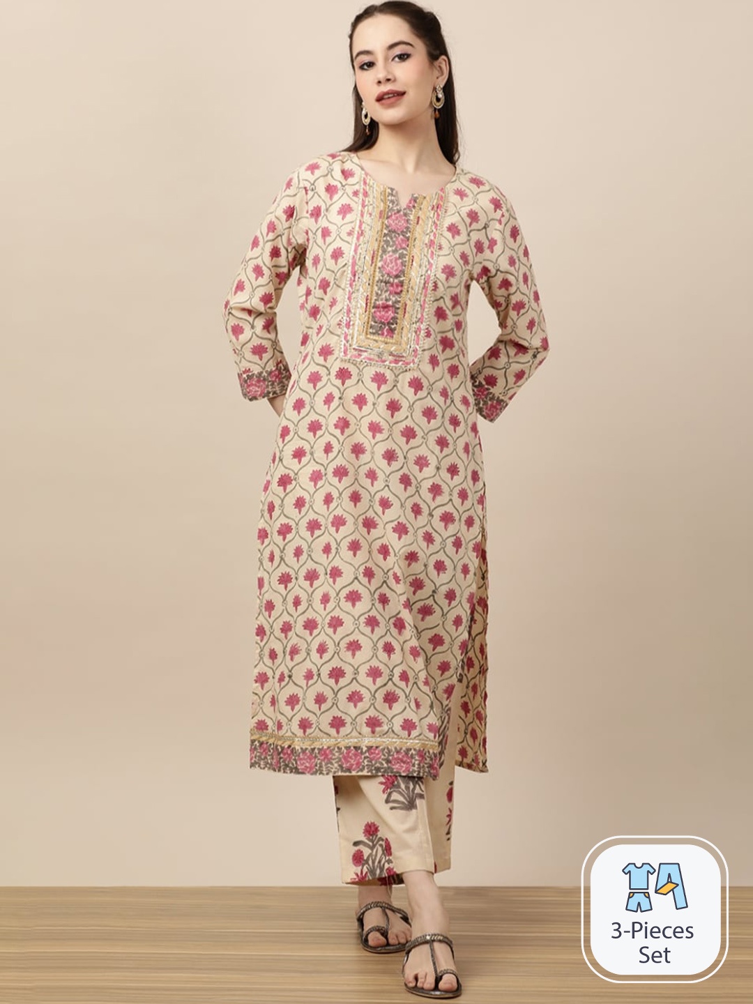 

INDOKASH Floral Printed Regular Gotta Patti Pure Cotton Kurta with Trousers & With Dupatta, Beige