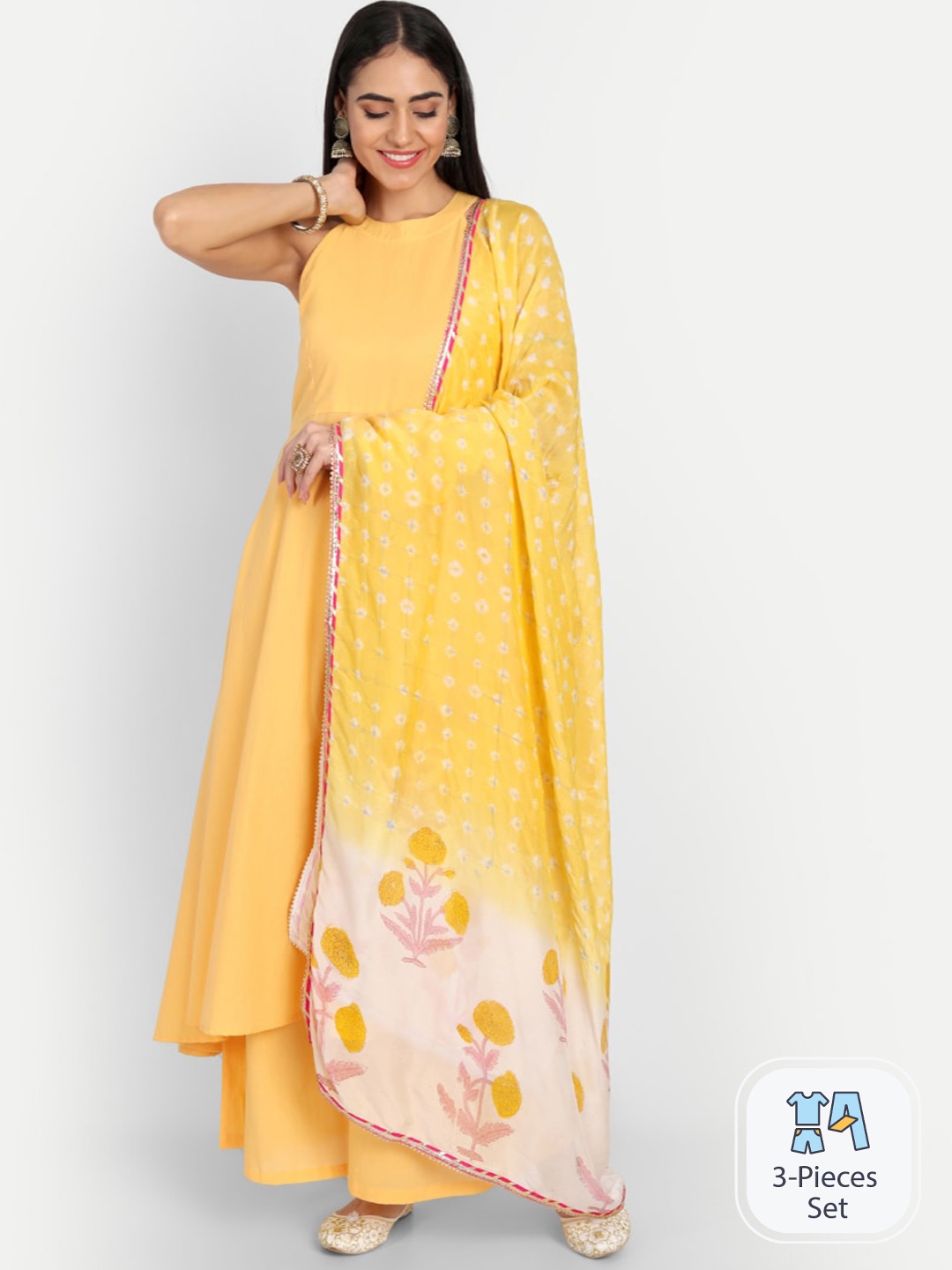 

INDOKASH Halter Neck Pure Cotton A-Line Kurta & Palazzos With Dupatta, Yellow