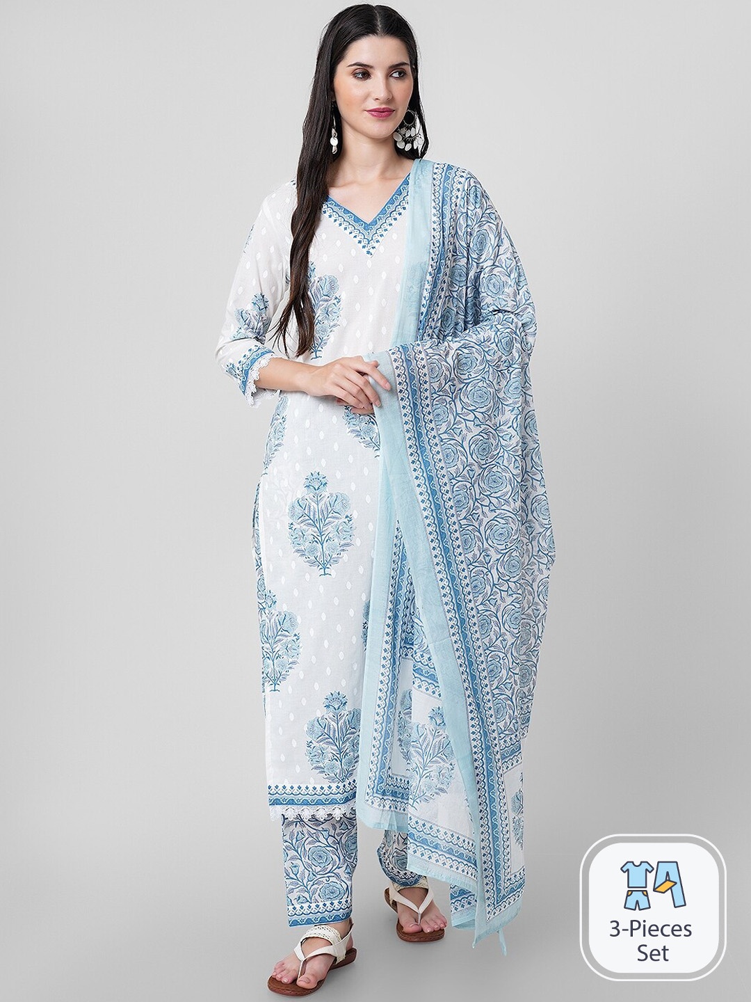 

Arayna Floral Printed Regular Pure Cotton Kurta with Trousers & Dupatta, White