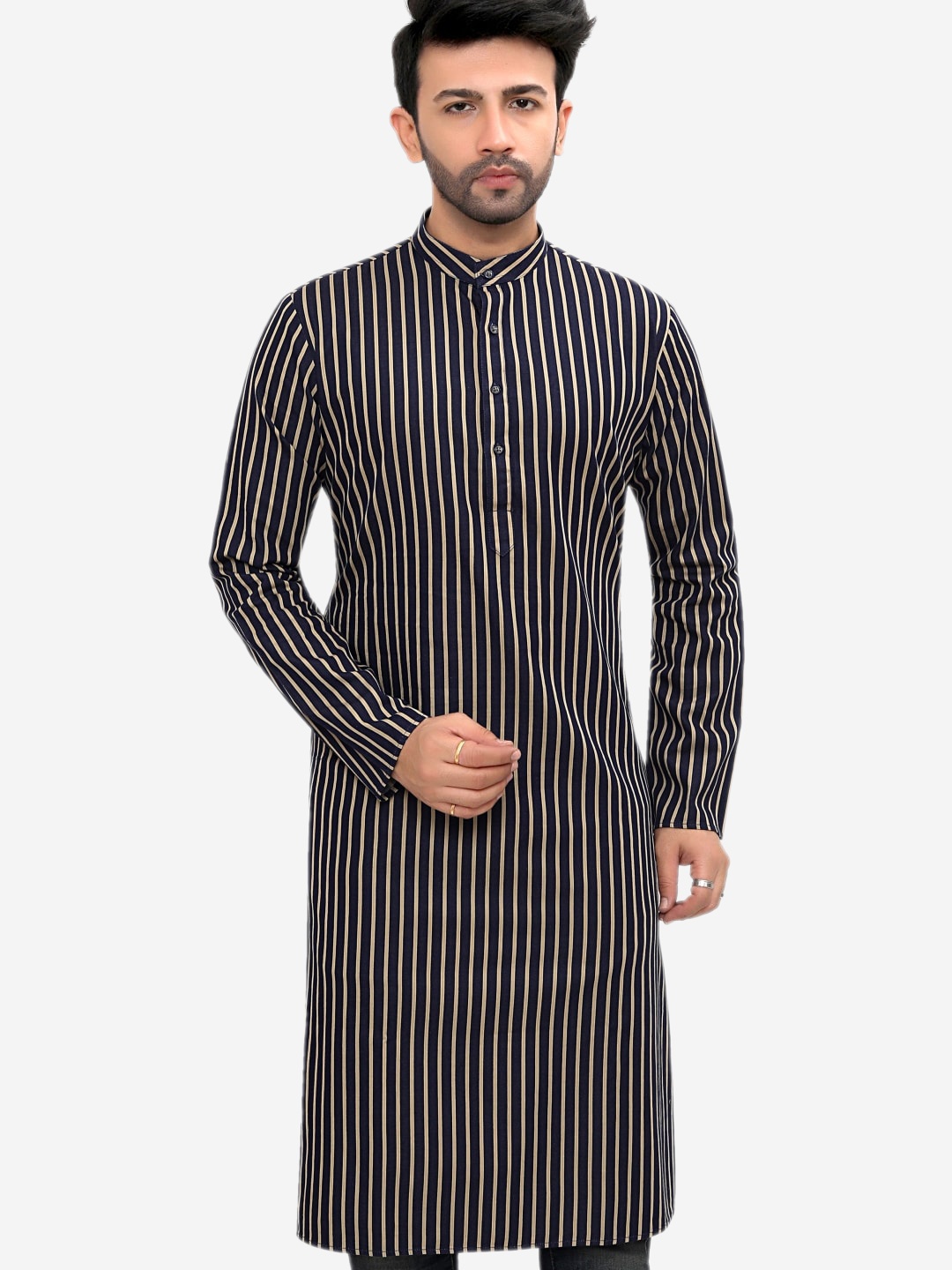 

Authentics Striped Band Collar Straight Denim Kurta, Navy blue