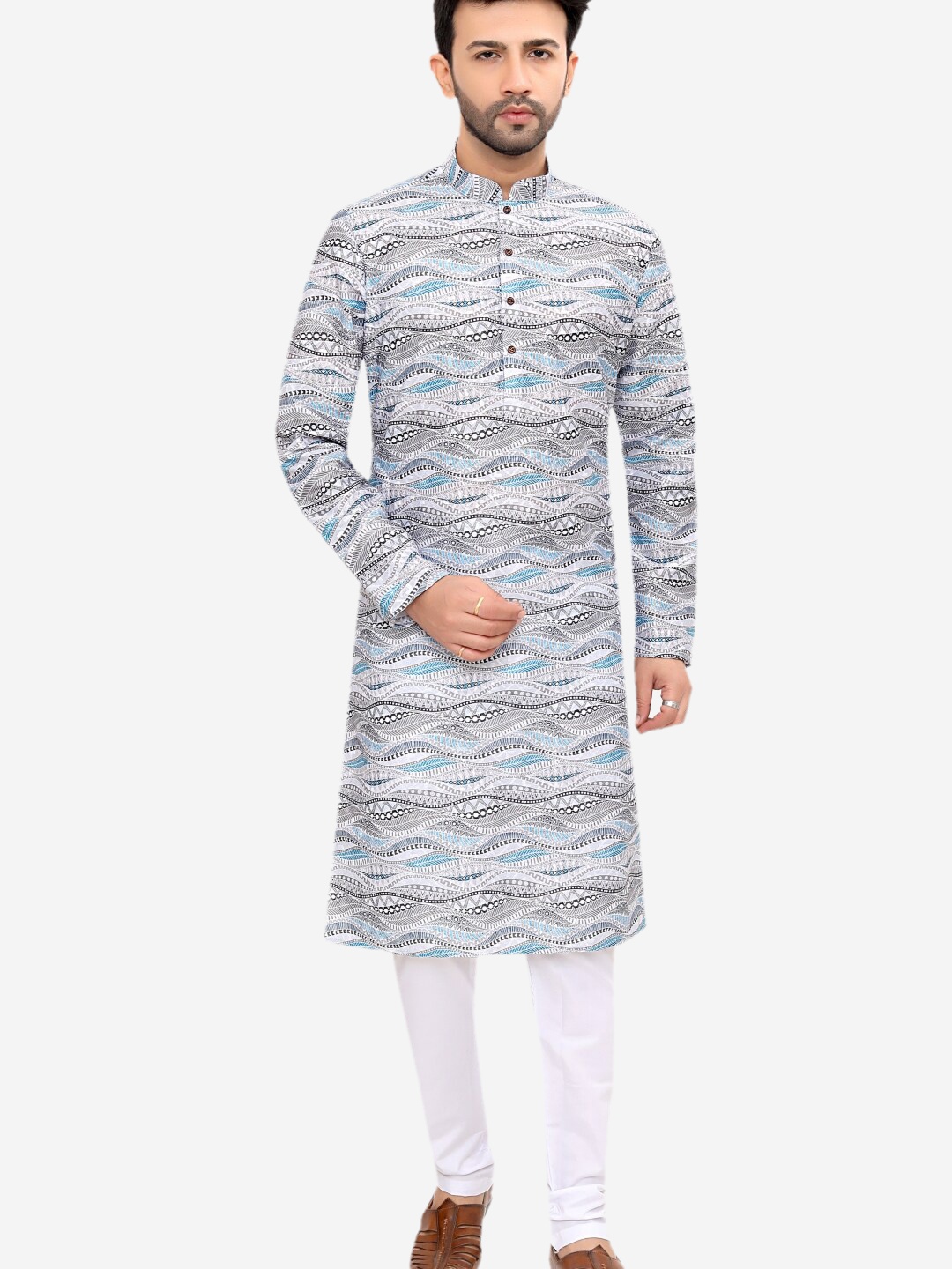

Authentics Striped Mandarin Collar Cotton Kurta, White
