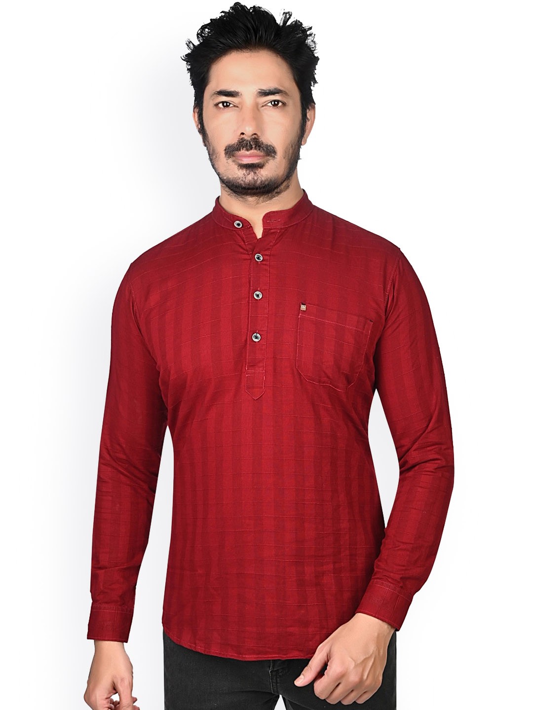 

Authentics Striped Cotton Mandarin Collar Kurta, Maroon